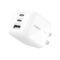 BELKIN  Cargador de Pared GaN 3 Puertos 70W con Adaptadores de Viaje (Blanco)