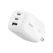 BELKIN Cargador de Pared GaN 3 Puertos 100W con Adaptador de Viaje (Blanco)